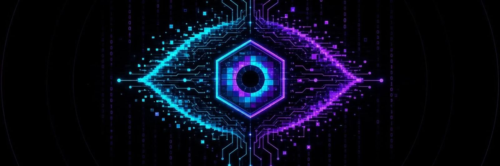 Neon circuit eye: the ByteAugur banner